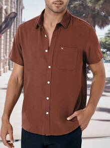 Manfinity Homme Men Solid Button Up Pocket Patched Shirt - Coffee Brown - View 3