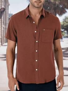 Manfinity Homme Men Solid Button Up Pocket Patched Shirt - Coffee Brown - View 4