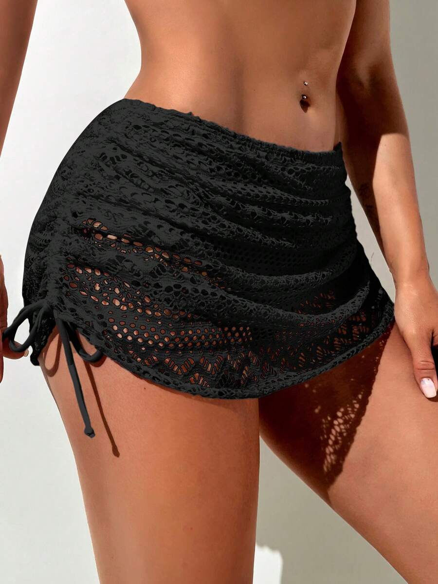 SHEIN Swim Summer Beach Hollow Out Drawstring Side Beach Skirt - Black - View 1