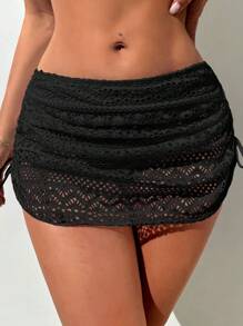 SHEIN Swim Summer Beach Hollow Out Drawstring Side Beach Skirt - Black - View 4