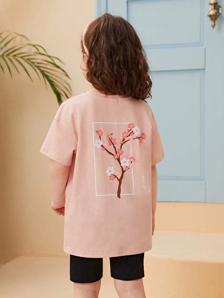 SHEIN 少女花卉印花下垂肩T恤 - 淺粉色 - 查看 1