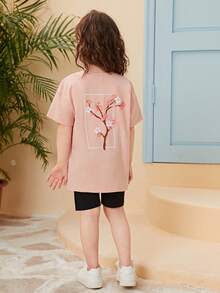 SHEIN 少女花卉印花下垂肩T恤 - 淺粉色 - 查看 2