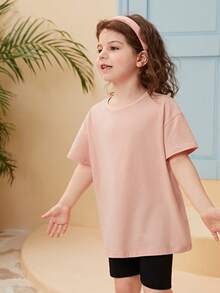 SHEIN 少女花卉印花下垂肩T恤 - 淺粉色 - 查看 3