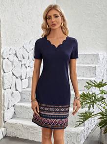 EMERY ROSE Vestido corto de manga corta con aplicaciones de concha patchwork simple para mujer - Azul Marino - Ver 6