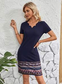 EMERY ROSE Vestido corto de manga corta con aplicaciones de concha patchwork simple para mujer - Azul Marino - Ver 7