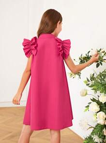SHEIN Girls Ruffle Trim Button Front Shirt Dress - Hot Pink - View 2