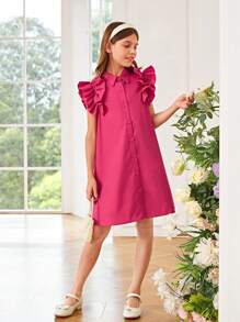 SHEIN Girls Ruffle Trim Button Front Shirt Dress - Hot Pink - View 3