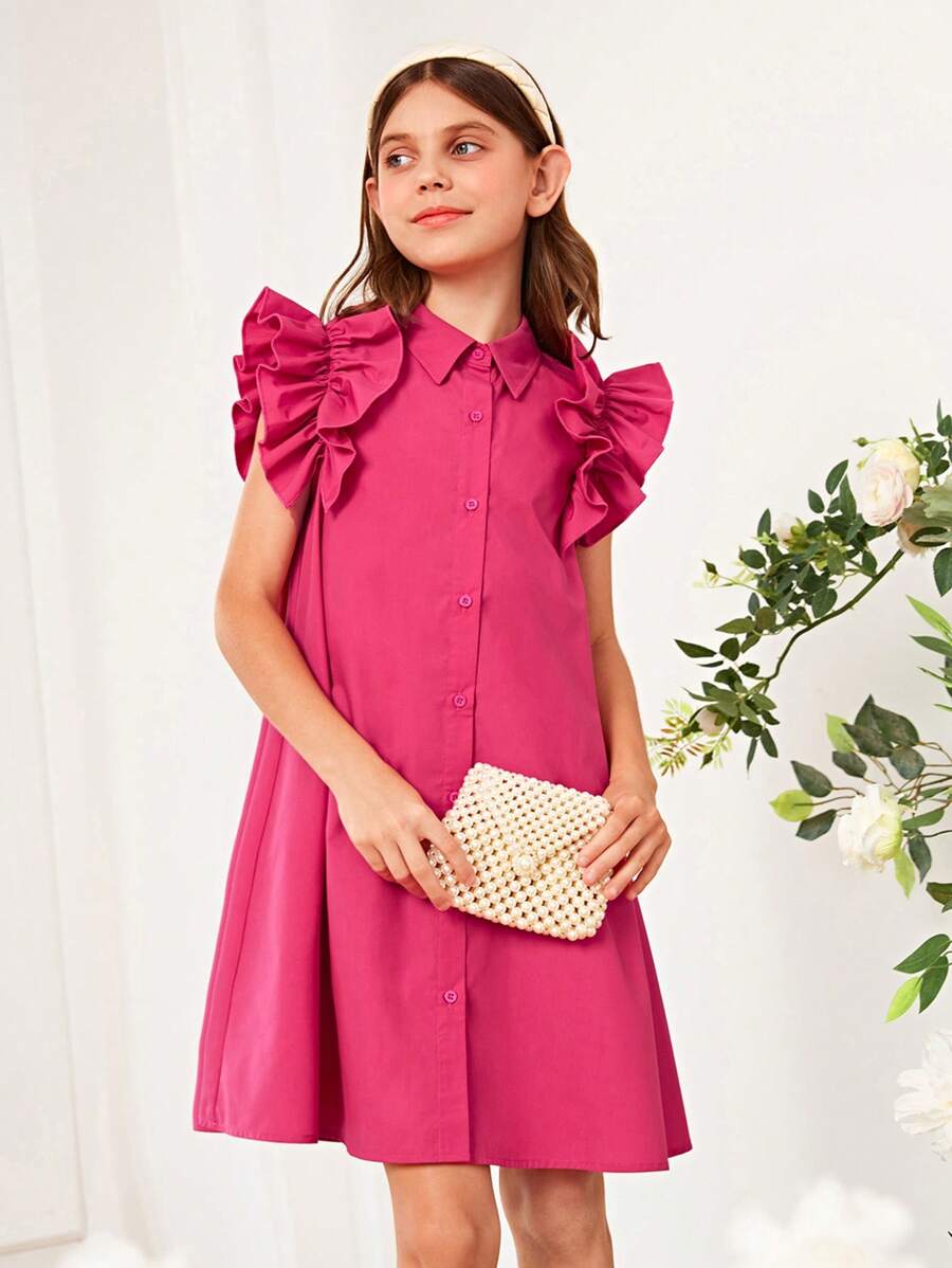 SHEIN Girls Ruffle Trim Button Front Shirt Dress - Hot Pink - View 1