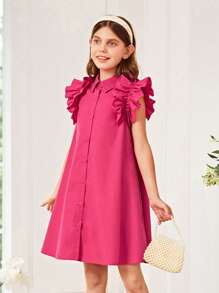 SHEIN Girls Ruffle Trim Button Front Shirt Dress - Hot Pink - View 5