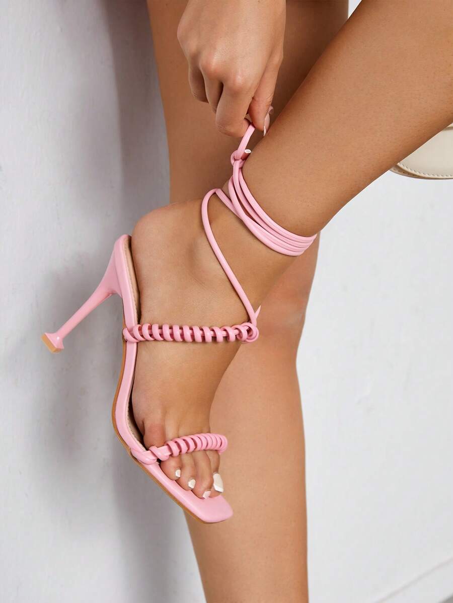 腿部繫帶設計高跟綁帶涼鞋 - 粉色 - 查看 1