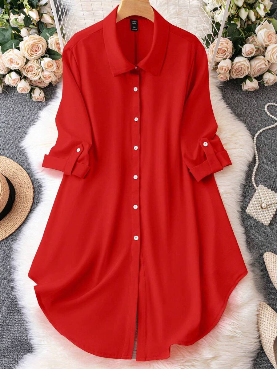 DreamSkyne Plus Size Women's Solid Color Lapel Button Half Sleeve Dress For New Year Clothes - Red - View 1