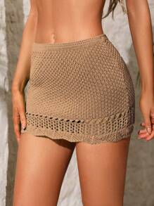 SHEIN Swim Áo che Nữ Cắt ra cắt màu trơn - Màu Khaki - Xem 4