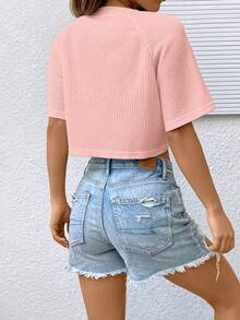 SHEIN EZwear 缺口領插肩袖短款T恤 - 淺粉色 - 查看 2