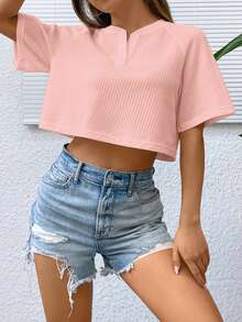 SHEIN EZwear 缺口領插肩袖短款T恤 - 淺粉色 - 查看 3
