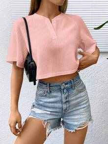 SHEIN EZwear 缺口領插肩袖短款T恤 - 淺粉色 - 查看 5