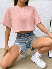 SHEIN EZwear 缺口領插肩袖短款T恤 - 淺粉色 - 查看 6