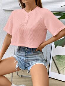 SHEIN EZwear 缺口領插肩袖短款T恤 - 淺粉色 - 查看 7