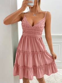 Soleia Guipure Lace Insert Frill Trim Ruffle Hem Cami Dress - Dusty Pink - View 1