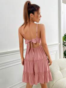 Soleia Guipure Lace Insert Frill Trim Ruffle Hem Cami Dress - Dusty Pink - View 2