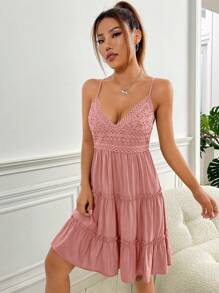 Soleia Guipure Lace Insert Frill Trim Ruffle Hem Cami Dress - Dusty Pink - View 3