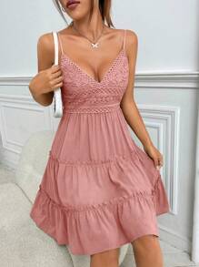 Soleia Guipure Lace Insert Frill Trim Ruffle Hem Cami Dress - Dusty Pink - View 5
