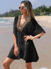 Swim Vcay 織帶拼接罩衫連衣裙 - 黑色 - 查看 3