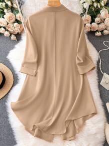 SHEIN Clasi Plus Size Women's Solid Color Buttoned Half Sleeve Dress With Turn-Down Collar Fall Cloth For Women - Khaki - View 2