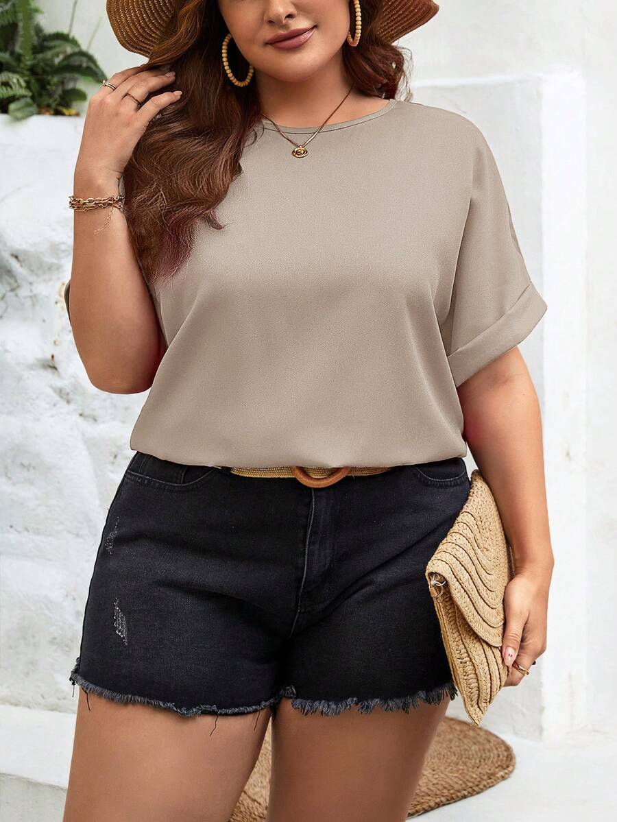 SHEIN Essnce Plus Solid Batwing Sleeve Blouse - Khaki - View 1