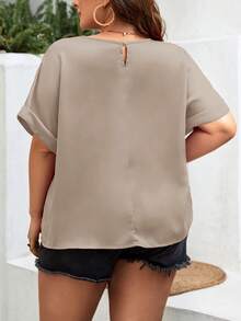 SHEIN Essnce Plus Solid Batwing Sleeve Blouse - Khaki - View 2