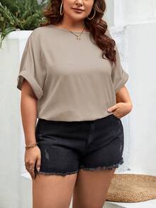 SHEIN Essnce Plus Solid Batwing Sleeve Blouse - Khaki - View 3