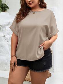 SHEIN Essnce Plus Solid Batwing Sleeve Blouse - Khaki - View 4