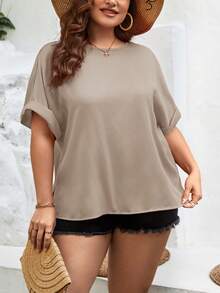 SHEIN Essnce Plus Solid Batwing Sleeve Blouse - Khaki - View 5