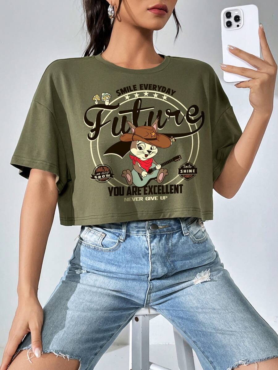 SHEIN EZwear Cartoon & Slogan Graphic Drop Shoulder Crop Tee - Army Green - View 1