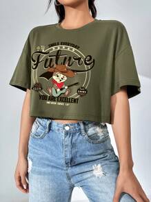 SHEIN EZwear Cartoon & Slogan Graphic Drop Shoulder Crop Tee - Army Green - View 3