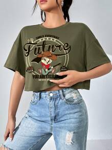 SHEIN EZwear Cartoon & Slogan Graphic Drop Shoulder Crop Tee - Army Green - View 5