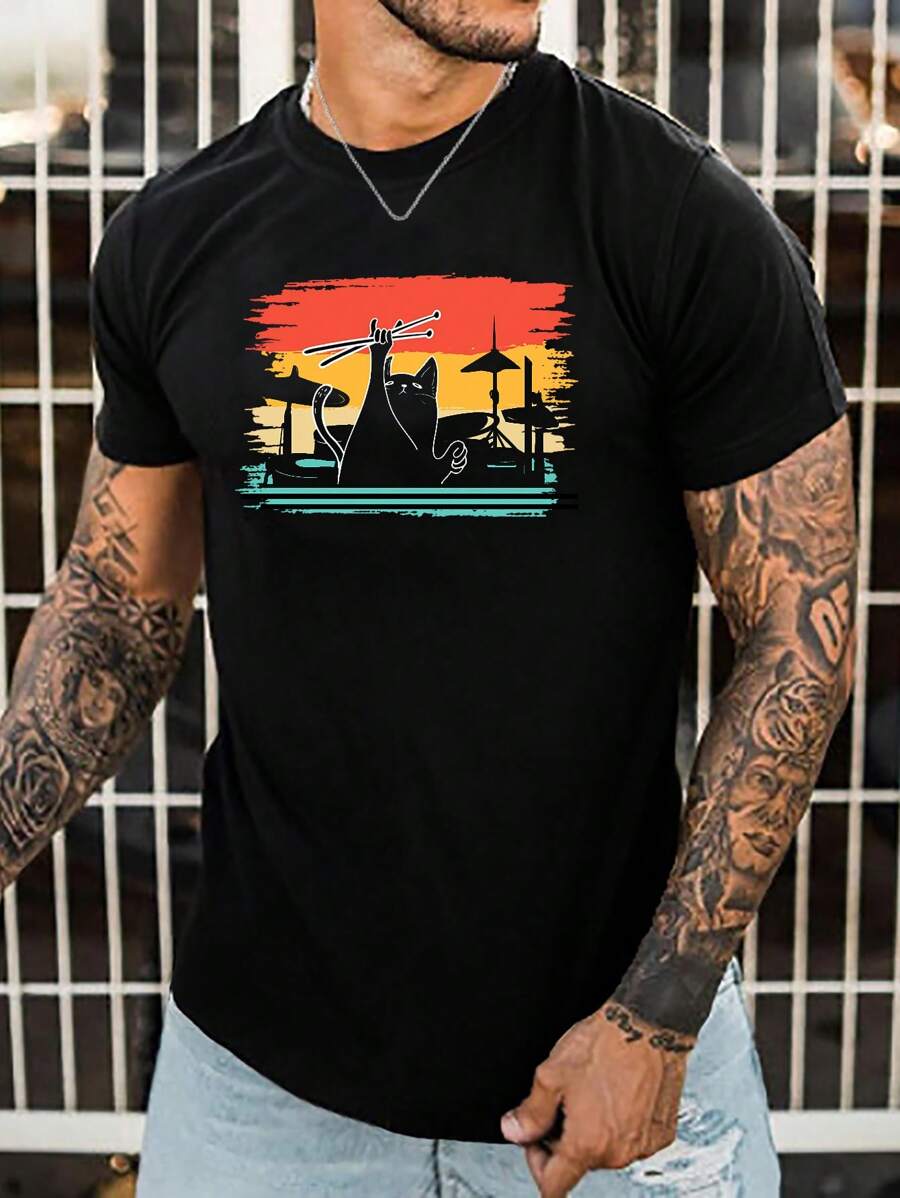 Manfinity NXTstreet 男士棉貓印花T恤 - 黑色 - 查看 1