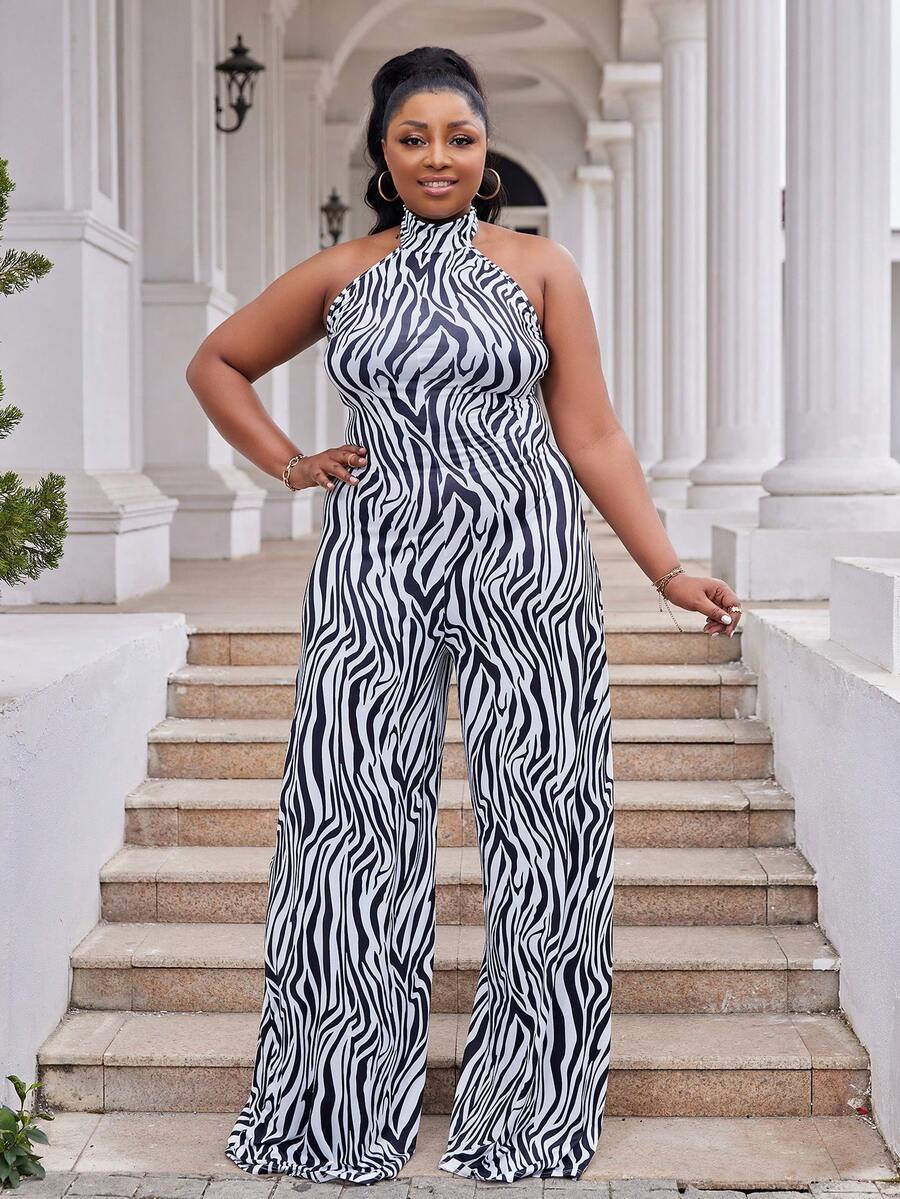 Jumpsuits Plus Size Lộ Lưng Dây kéo Sọc ngựa vằn Giải trí - Đen và trắng - Xem 1