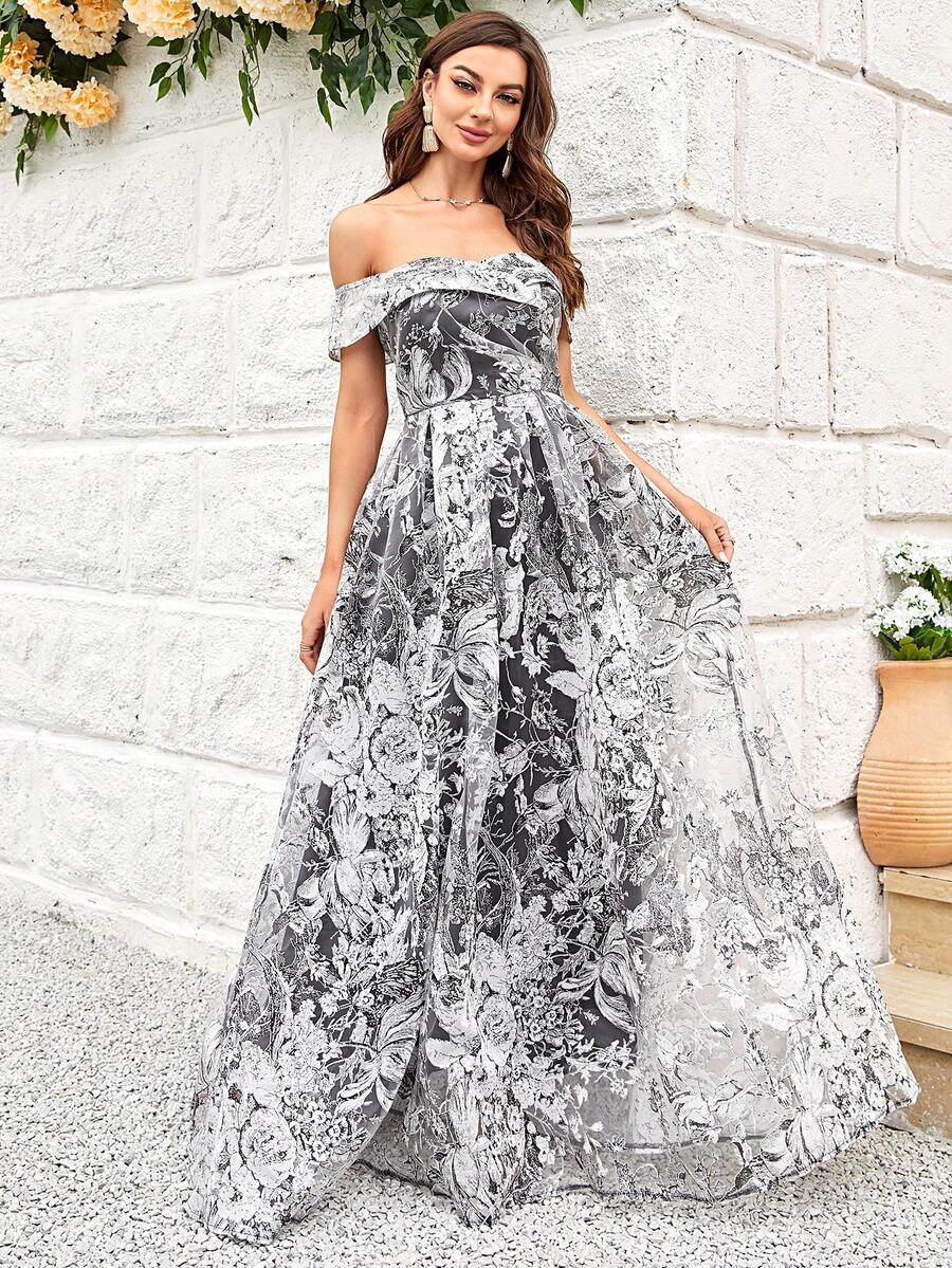 Off Shoulder Floral Print Organza Dress - Multicolor - View 1