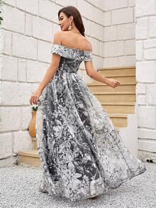 Off Shoulder Floral Print Organza Dress - Multicolor - View 2