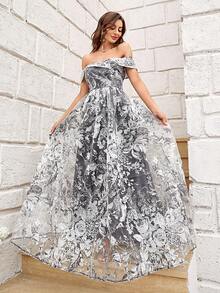 Off Shoulder Floral Print Organza Dress - Multicolor - View 3