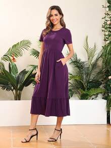 素色荷葉邊連衣裙 - 紫色 - 查看 4