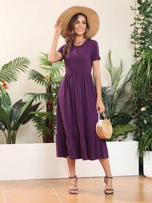 素色荷葉邊連衣裙 - 紫色 - 查看 5