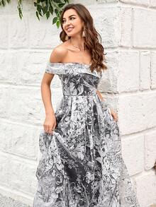 Off Shoulder Floral Print Organza Dress - Multicolor - View 5