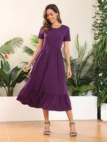 素色荷葉邊連衣裙 - 紫色 - 查看 6