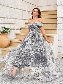 Off Shoulder Floral Print Organza Dress - Multicolor - View 6