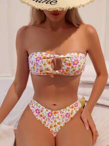 Swim Mod Summer Beach Ditsy Floral Print Bandeau Bikini Set - Multicolor - View 1