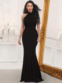 Solid Mermaid Hem Halter Dress - Black - View 1