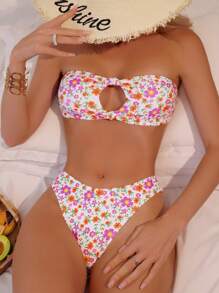 Swim Mod Summer Beach Ditsy Floral Print Bandeau Bikini Set - Multicolor - View 3