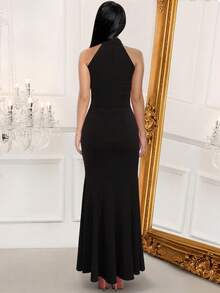 Solid Mermaid Hem Halter Dress - Black - View 2