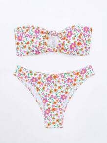 Swim Mod Summer Beach Ditsy Floral Print Bandeau Bikini Set - Multicolor - View 4